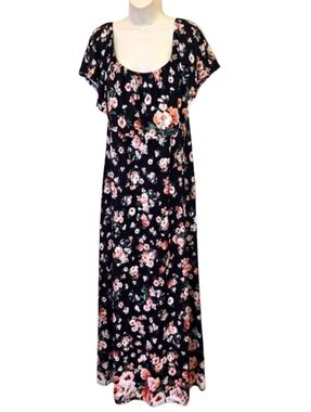VIBE Sportswear Black Multi-Color Floral On/Off Shoulder Maxi Dress,Size 2X